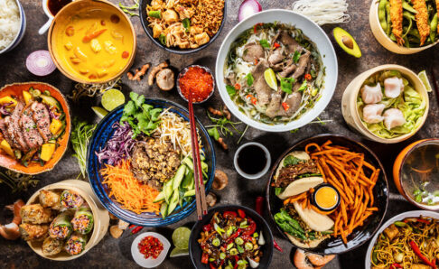 food e1668550936215 - Top view composition of various Asian food in bowl